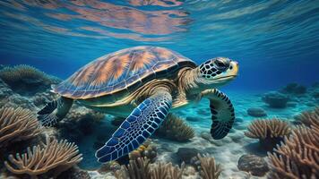 Sea Turtle in the beautiful blue sea, photo