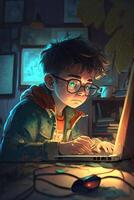 Illustration of a boy working on his laptop, photo