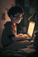 ilustración de un chico trabajando en su computadora portátil, ai generativo foto