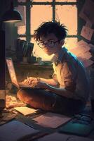 Illustration of a boy working on his laptop, photo