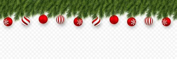 Festive Christmas or New Year Background. Christmas fir-tree branches with xmas red balls. Holiday's Background. Vector illustration