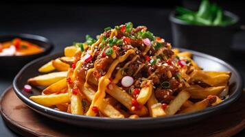 francés papas fritas con sal y chile Condimento, ai generativo foto