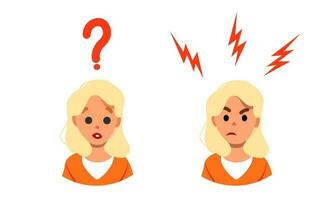 Angry and confused woman face with lightning and question mark. Vector flat character, negative emotions concept. On edge avatar isolated on white background. Mental health vector illustration.
