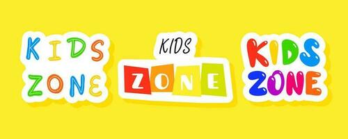 Kids zone colorful sticker set. Cute vector notebook label clip art. Playground area for kids quote.