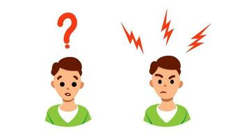 Angry and confused man face with lightning and question mark. Vector flat character, negative emotions concept. On edge avatar set isolated on white background. Mental health vector illustration.