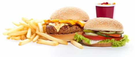 basura alimento, rápido alimento, hamburguesa, francés papas fritas ai generativo foto