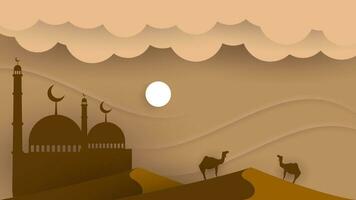 arabian papercut vector illustration with mosque, camel, desert, cloud and moon in pastel color