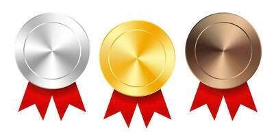 Set of gold, silver and bronze award medals with red ribbons. Medal round empty polished vector collection isolated on white background. Premium badges