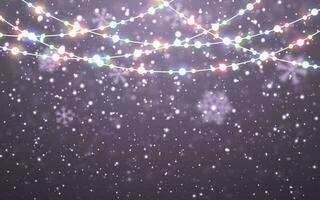 Christmas snow. Falling white snowflakes on dark background. Xmas Color garland, festive decorations. Glowing christmas lights. Vector snowfall, snowflakes flying in winter air