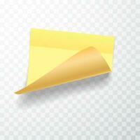 Yellow colored sheet of note papers with curled corner and shadow, ready for your message. Realistic. Vector illustration