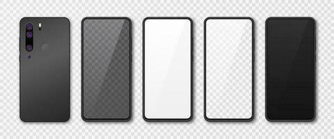 Realistic smartphone mock up set. Mobile phone display isolated on white gray background. 3D template illustration. Vector illustration