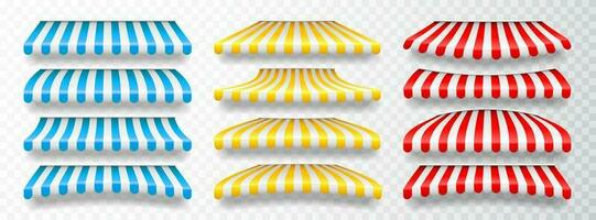 Realistic striped shop sunshade. Store awning. Shop tent isolated set. Vector illustration