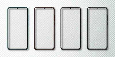 Realistic smartphone mock up set. Mobile phone display isolated on white gray background. 3D template illustration. Vector illustration