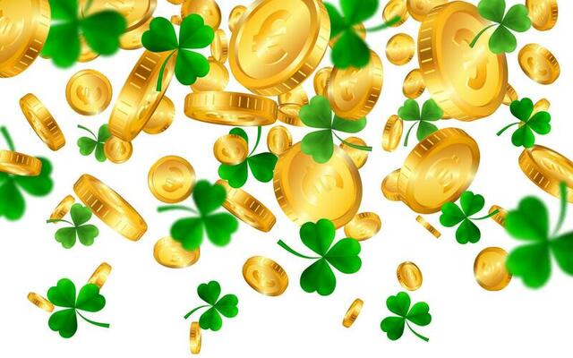Saint Patrick's Day Border with Green Four and Tree Leaf Clovers and gold coins on White Background. Irish Lucky and success symbols. Vector illustration