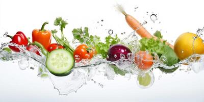 vegetables splashing into clear water on white background. AI generative photo