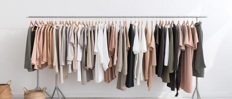 various women fashion clothes hanging on rack. photo