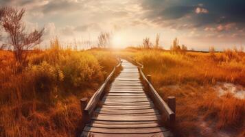 Panoramic autumn landscape with wooden path. Fall nature background. photo