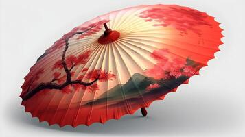 A chinese umbrella with decorated nature mountain and flower tree landscape isolated on white. photo