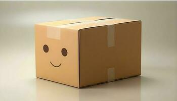 Close corrugated cardboard box with smile on the side, stored boxes, carton material isolated on white background studio shot. photo