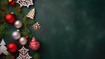 Elegant beautiful Christmas ornament decoration tree, pine leaf, glass ball ornament, and star, flat lay used for banner and background or backdrop for seasonal greetings. photo