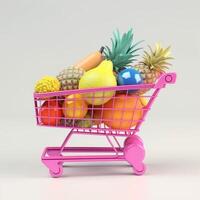 Shopping cart full of fruit, 3d illustration shopping concept. photo