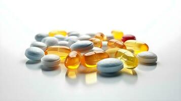 Assortment of pharmaceutical medicine vitamins, pills, softgel isolated on white background studio shot. photo
