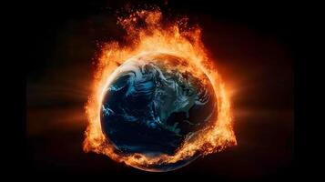 Illustration of the earth world globe on fire or burning increasing the temperature. Climate change, burning earth global warming concept. photo