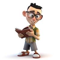 Cartoon 3d character reading a book, study concept. photo
