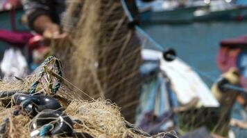 Fisherman Removing Fish Caught In His Nets video