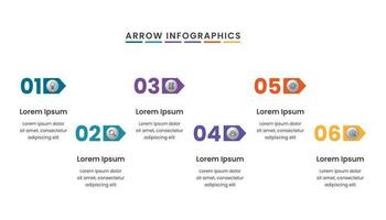 Simple arrows infographic template with icons, numbers and six options or steps. vector