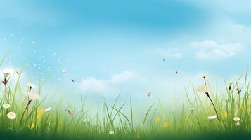 Nature background with grass and blue sky. photo