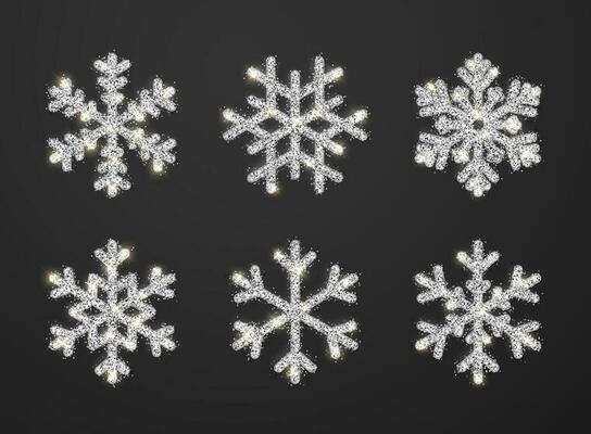 Shining silver snowflakes on black background. Christmas and New Year background. Vector illustration