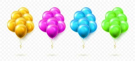 Flying bunch of gold, pink, blue and green balloon. Shine helium balloon for wedding, Birthday, parties. Festival decoration. Vector illustration