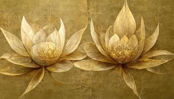 Luxurious background design with golden lotus, Lotus flowers line arts design for wallpaper. photo