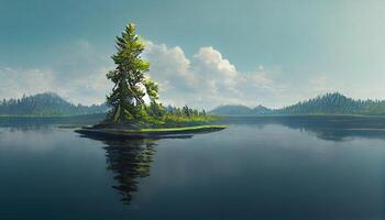 Beautiful scenery of a lake with the reflection od surrounding green trees. photo