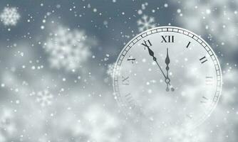 New Year poster with clock and Christmas snow. Falling snowflakes on dark background. Snowfall. Vector illustration