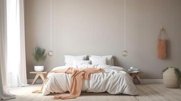 Home mock-up, blank wall in Scandinavian bedroom interior. photo