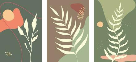 Set of abstract minimalist paintings with various shapes and botanical elements. For interior decoration, print and design vector