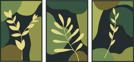 Botanical set of illustrations with abstract green shapes. For interior decoration, print and design vector