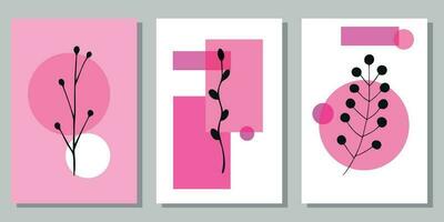 Set of creative minimalist paintings with botanical elements and pink shapes. For interior decoration, print and design vector