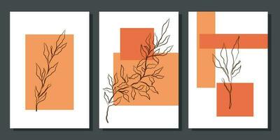 Set of creative minimalist paintings with botanical elements and orange shapes. For interior decoration, print and design vector