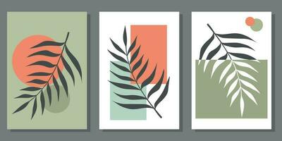 Set of creative minimalist paintings with botanical elements and orange and green shapes. For interior decoration, print and design vector