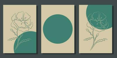 Set of minimalist botanical posters with flowers and blue shapes. For interior decoration, print and design vector