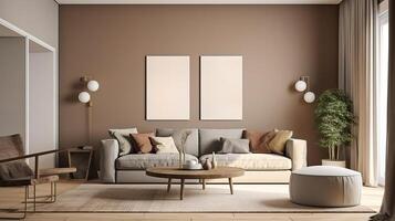 Poster frame mock-up in home interior background, living room. photo