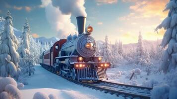 Cute christmas train goes through fantastic winter forest  Illustration AI Generative photo