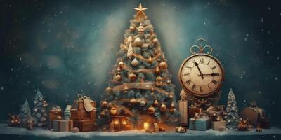 Navidad árbol, regalos, pelotas, decoración ilustración ai generativo foto