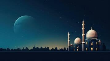 Mosques Dome on dark blue twilight sky and Crescent Moon on background Illustration photo