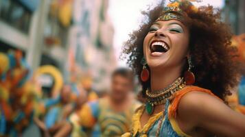 brasileño carnaval. grupo de amigos celebrando carnaval fiesta. ilustración ai generativo foto