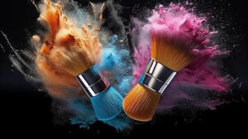 Two cosmetics brushes dispersing make up powder  Illustration AI Generative photo