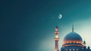 Mosques Dome on dark blue twilight sky and Crescent Moon on background Illustration photo